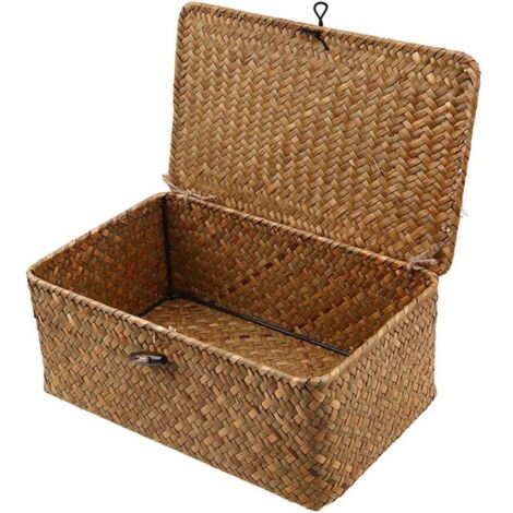 Wicker storage box with lid, rectangular seagrass basket, rattan shelf