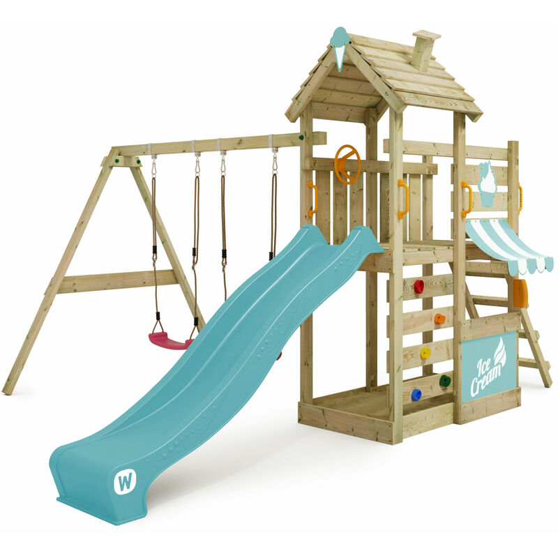 Aire de jeux CherryFlyer avec balançoire & toboggan, tour d'escalade avec bac à sable, échelle & accessoires de jeu - bleu pastel - bleu pastel