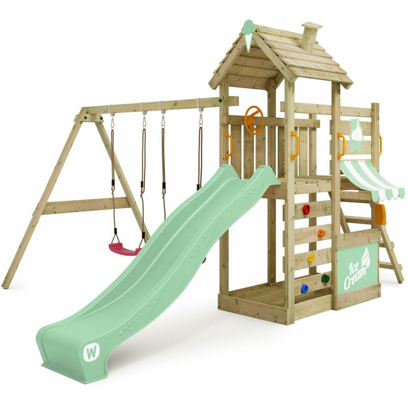 Aire de jeux CherryFlyer avec balançoire & toboggan, tour d'escalade avec bac à sable, échelle & accessoires de jeu – vert pastel - vert pastel