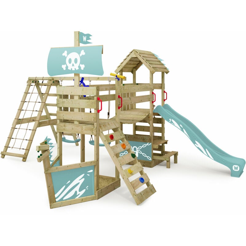 Aire de jeux FreakyFlyer avec balançoire & toboggan, cabane avec bac à sable, échelle d'escalade & accessoires de jeu - bleu pastel - bleu pastel