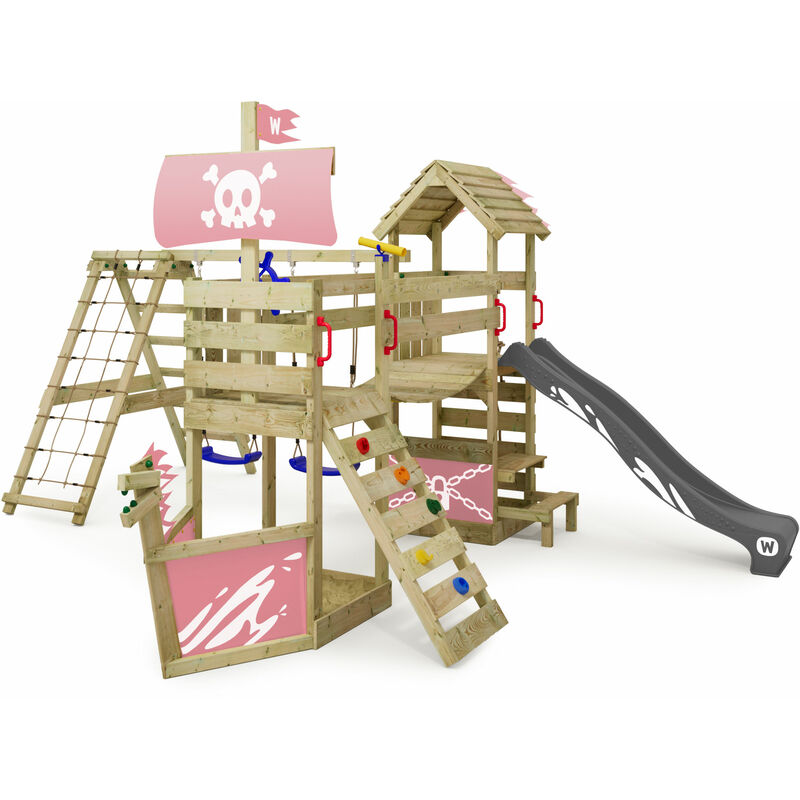 Aire de jeux FreakyFlyer avec balançoire & toboggan, cabane avec bac à sable, échelle d'escalade & accessoires de jeu – anthracite - anthracite