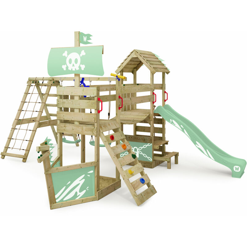 Aire de jeux FreakyFlyer avec balançoire & toboggan, cabane avec bac à sable, échelle d'escalade & accessoires de jeu – vert pastel - vert pastel
