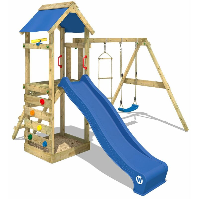 Aire de jeux Portique bois FreeFlyer avec balançoire et toboggan bleu Maison enfant exterieur avec bac à sable, échelle d'escalade & accessoires de