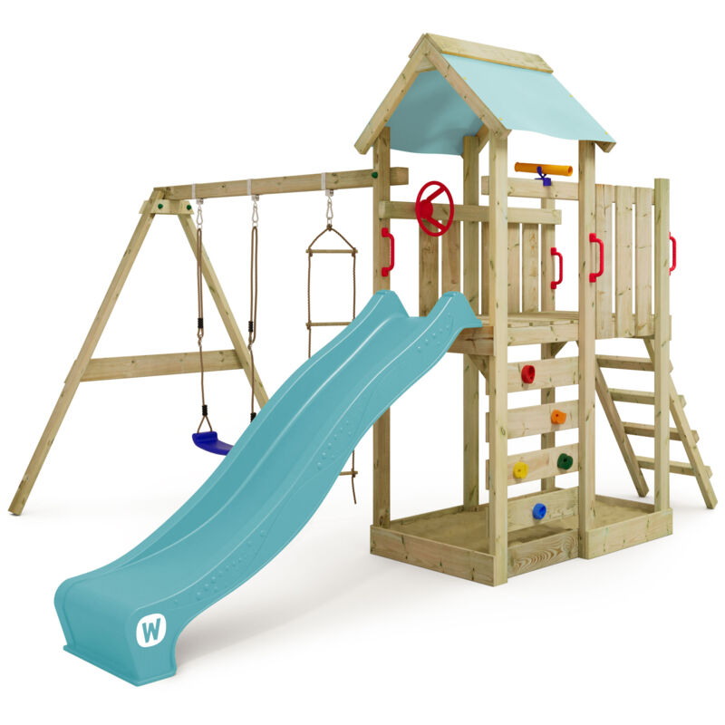 Aire de jeux Portique bois MultiFlyer avec balançoire et toboggan Maison enfant exterieur avec bac à sable, échelle d'escalade & accessoires de jeux