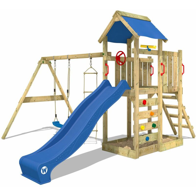 Aire de jeux Portique bois MultiFlyer avec balançoire et toboggan bleu Maison enfant exterieur avec bac à sable, échelle d'escalade & accessoires de