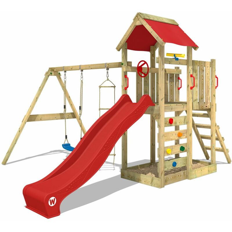 Aire de jeux Portique bois MultiFlyer avec balançoire et toboggan rouge Maison enfant exterieur avec bac à sable, échelle d'escalade & accessoires de
