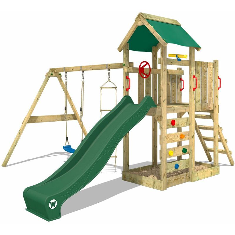 Aire de jeux Portique bois MultiFlyer avec balançoire et toboggan vert Maison enfant exterieur avec bac à sable, échelle d'escalade & accessoires de