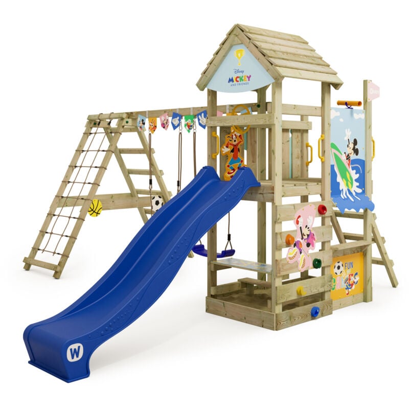 Aire de jeux Portique bois Disney Story avec balançoire et toboggan Maison enfant exterieur avec bac à sable, échelle d'escalade & accessoires de