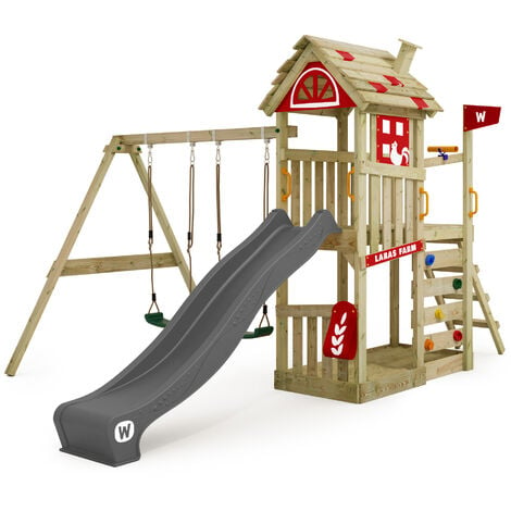 WICKEY Aire de jeux Portique bois FarmFlyer Tois avec balançoire et toboggan Maison enfant exterieur avec bac à sable, échelle d'escalade & accessoires de jeux