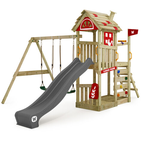 WICKEY Aire de jeux Portique bois FarrmFlyer Tois avec balançoire et toboggan Maison enfant exterieur avec bac à sable, échelle d'escalade & accessoires de jeux