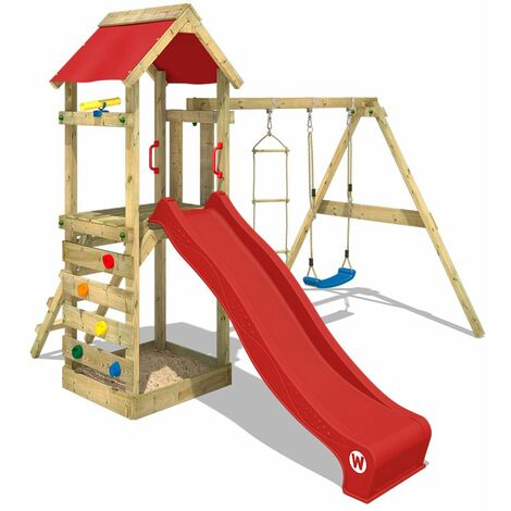 WICKEY Aire de jeux Portique bois FreeFlyer avec balançoire et toboggan anthracite Maison enfant exterieur avec bac à sable