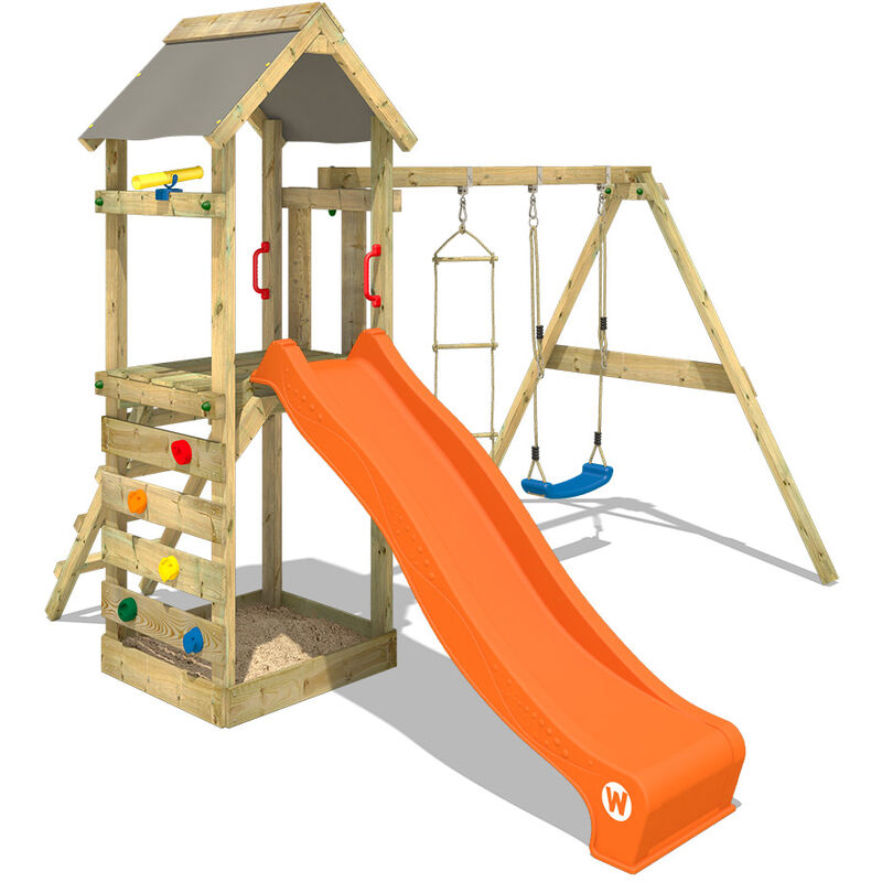 Wickey - Aire de jeux Portique bois FreeFlyer avec balançoire et toboggan orange Maison enfant exterieur avec bac à sable