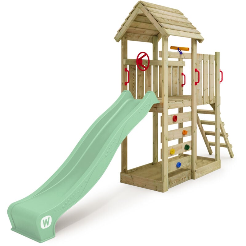 Aire de jeux Portique bois JoyFlyer avec toboggan Maison enfant exterieur avec bac à sable, échelle d'escalade & accessoires de jeux - vert pastel