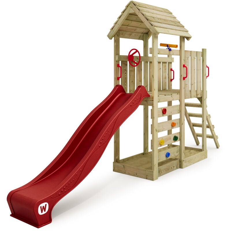 Aire de jeux Portique bois JoyFlyer avec toboggan Maison enfant exterieur avec bac à sable, échelle d'escalade & accessoires de jeux - rouge - Wickey