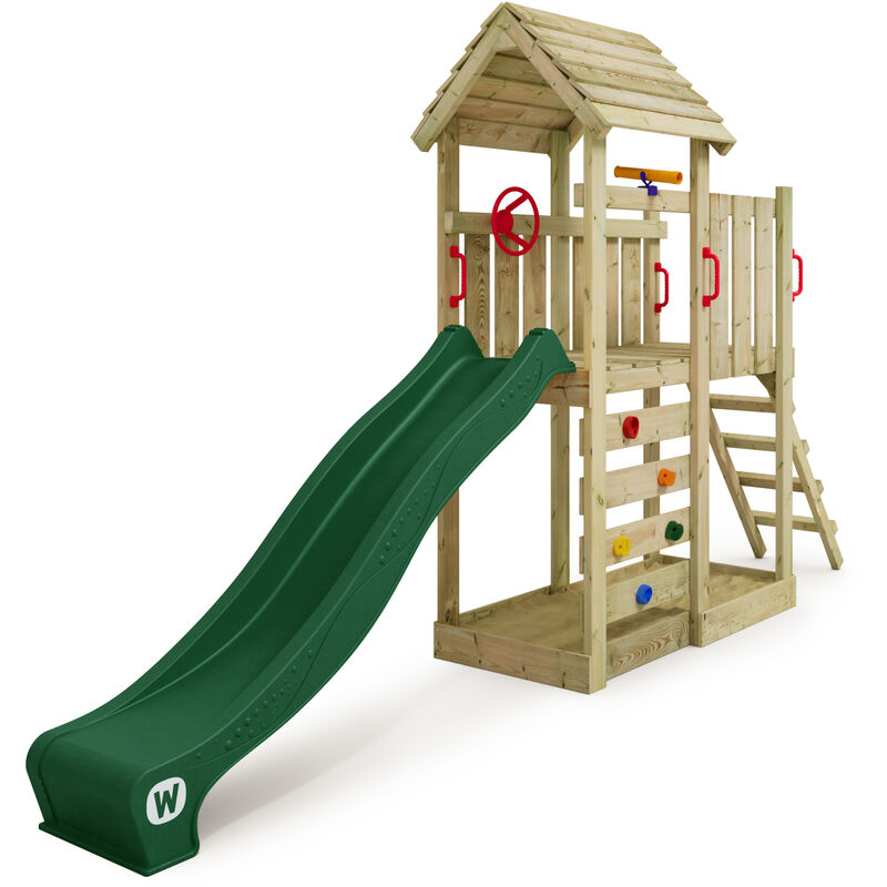 Aire de jeux Portique bois JoyFlyer avec toboggan Maison enfant exterieur avec bac à sable, échelle d'escalade & accessoires de jeux - vert - vert