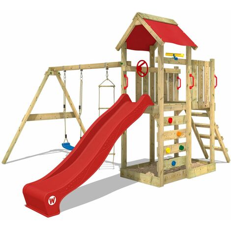 WICKEY Aire de jeux Portique bois MultiFlyer avec balançoire et toboggan turquoise Maison enfant exterieur avec bac à sable, échelle d'escalade & accessoires de jeux