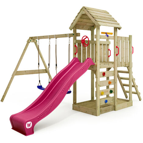 WICKEY Aire de jeux Portique bois MultiFlyer Toit en bois avec balançoire et toboggan violet Maison enfant exterieur avec toit en bois, bac à sable, échelle d'escalade & accessoires de jeux