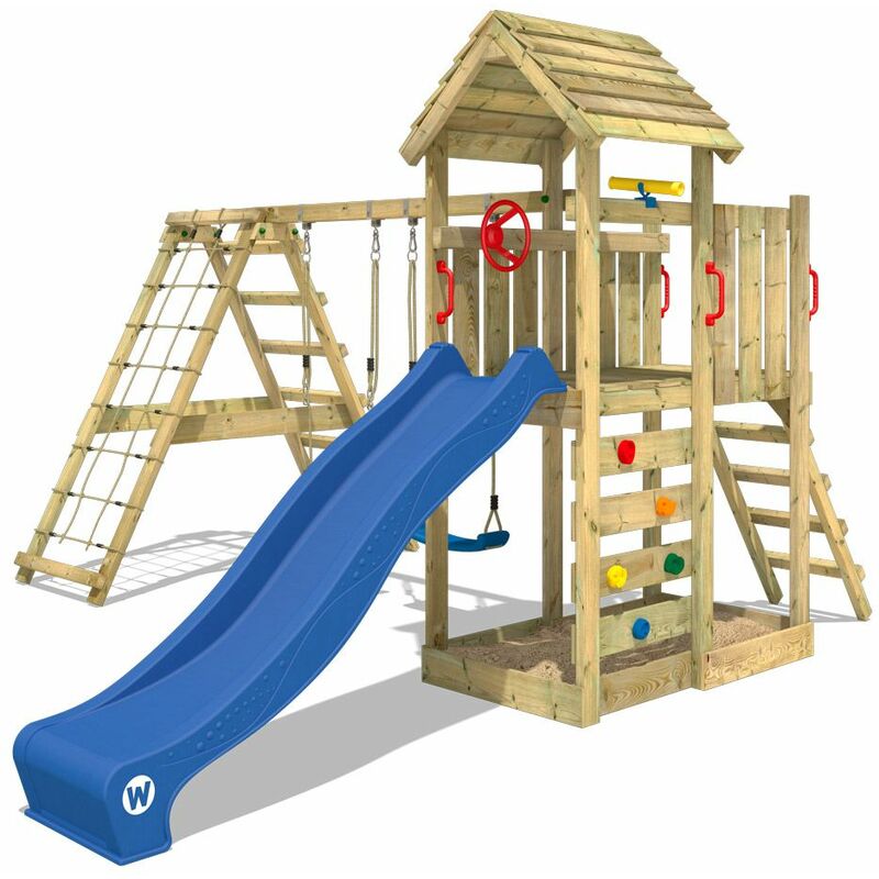 Aire de jeux Portique bois RocketFlyer avec balançoire et toboggan bleu Maison enfant exterieur avec bac à sable, échelle d'escalade & accessoires de