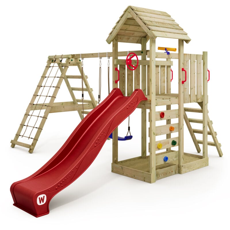 Aire de jeux Portique bois RocketFlyer avec balançoire et toboggan Maison enfant exterieur avec bac à sable, échelle d'escalade & accessoires de jeux
