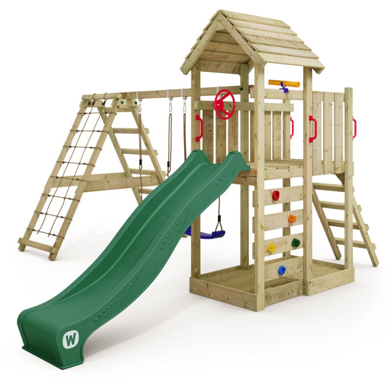 Aire de jeux Portique bois RocketFlyer avec balançoire et toboggan Maison enfant exterieur avec bac à sable, échelle d'escalade & accessoires de jeux