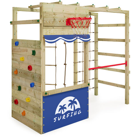 Wickey Aire de jeux Portique bois Smart Action Échafaudage grimpant avec mur d'escalade & accessoires de jeux - bleu