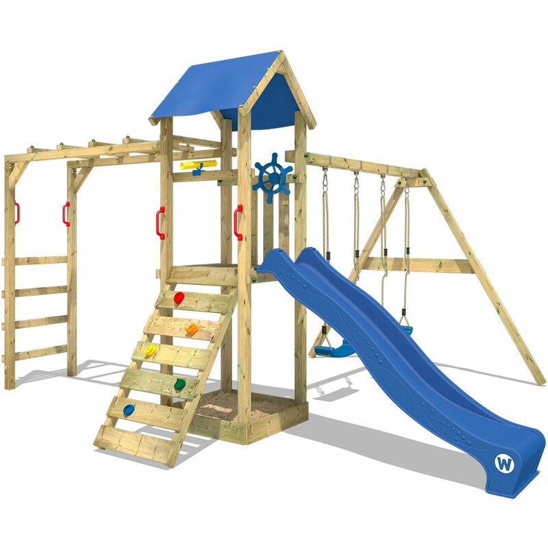 Aire de jeux Portique bois Smart Bridge avec balançoire et toboggan bleu Maison enfant exterieur avec bac à sable, échelle d'escalade & accessoires