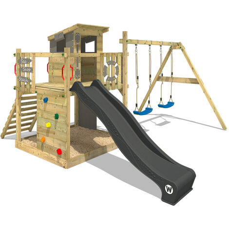 WICKEY Aire de jeux Portique bois Smart Camp avec balançoire et toboggan anthracite Cabane enfant exterieur avec bac à sable