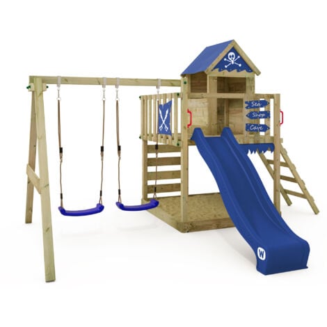 Wickey Aire de jeux Portique bois Smart Cave avec balançoire et toboggan Cabane enfant exterieur avec bac à sable, échelle d'escalade & accessoires de jeux - bleu