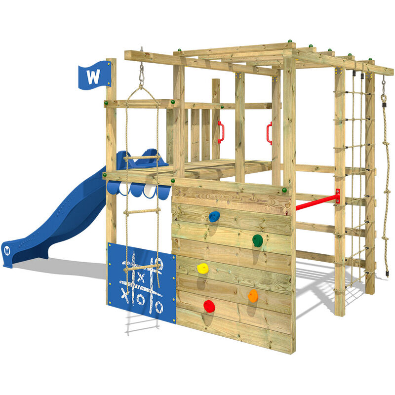 Wickey - Aire de jeux Portique bois Smart Champ avec toboggan bleu Échafaudage grimpant avec mur d'escalade & accessoires de jeux