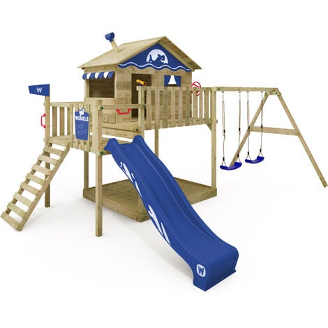 WICKEY Aire de jeux Portique bois Smart Coast avec balançoire et toboggan bleu Maison enfant sur pilotis avec bac à sable, échelle d'escalade & accessoires de jeux