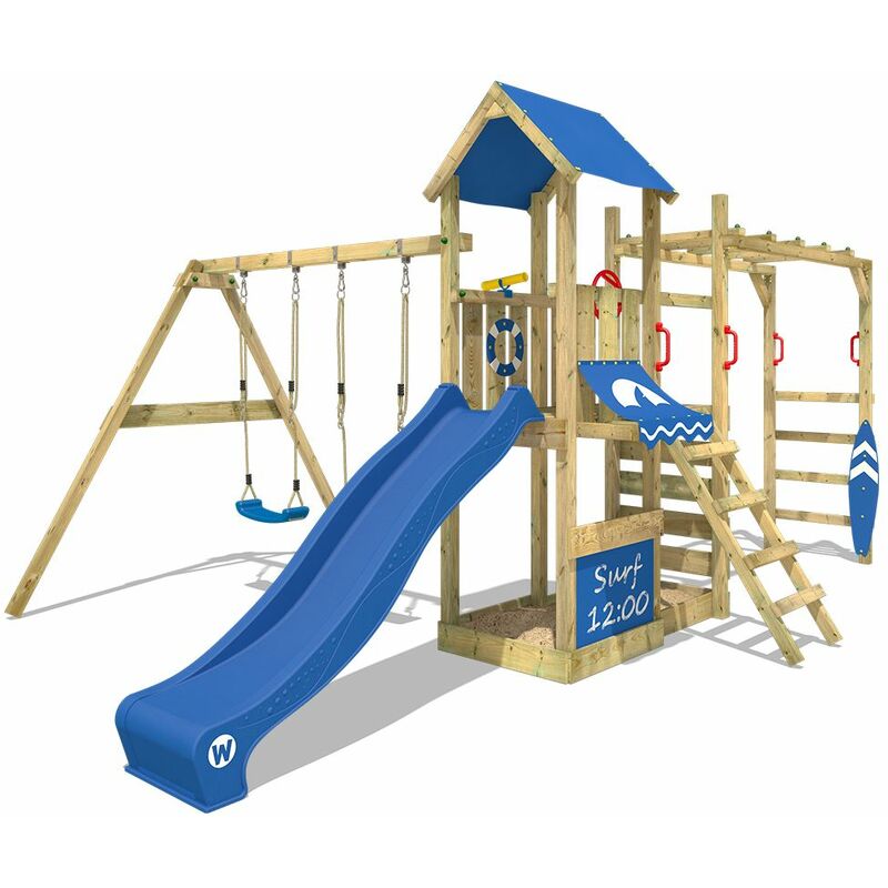 Aire de jeux Portique bois Smart Dock avec balançoire et toboggan bleu Échafaudage grimpant avec bac à sable, mur d'escalade & accessoires de jeux