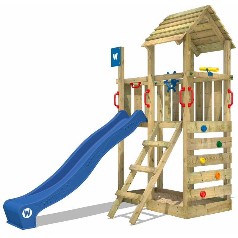 Aire de jeux Portique bois Smart Flash avec toboggan bleu Maison enfant exterieur avec bac à sable, échelle d'escalade & accessoires de jeux - Wickey