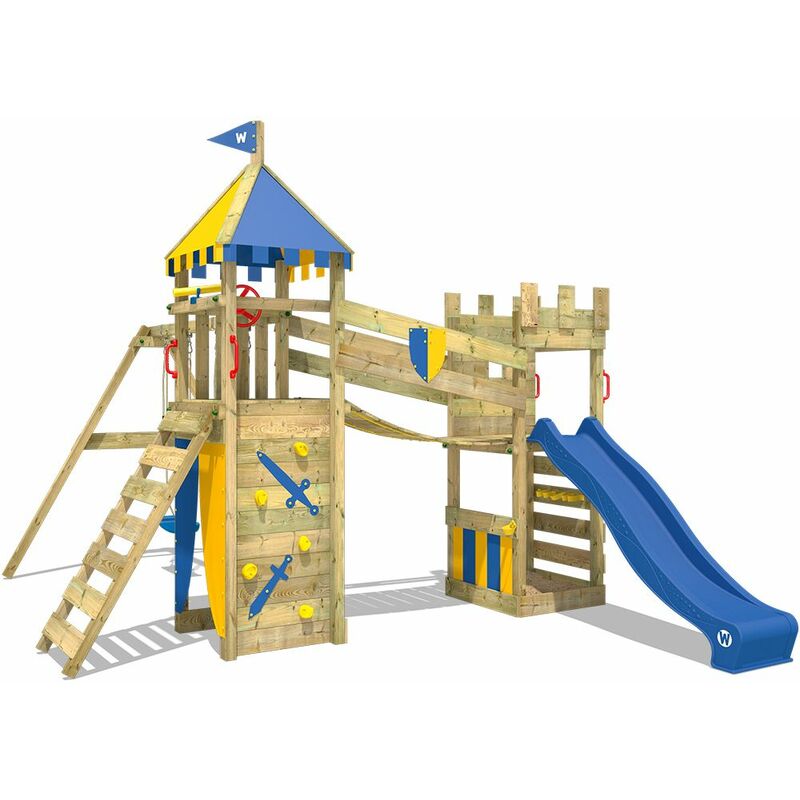 Aire de jeux Portique bois Smart Fort avec balançoire et toboggan bleu Maison enfant exterieur avec bac à sable, échelle d'escalade & accessoires de