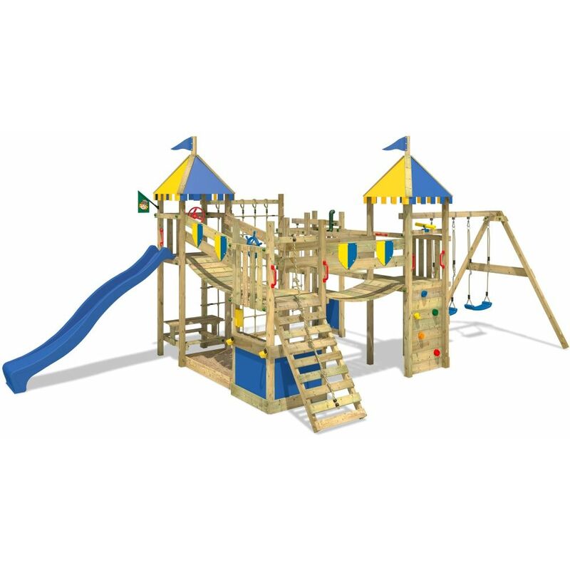Wickey - Aire de jeux Portique bois Smart King avec balançoire et toboggan bleu Maison enfant exterieur avec bac à sable, échelle d'escalade &