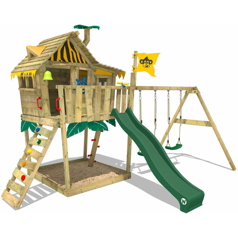 Wickey - Aire de jeux Portique bois Smart Monkey avec balançoire et toboggan vert Maison enfant sur pilotis avec bac à sable