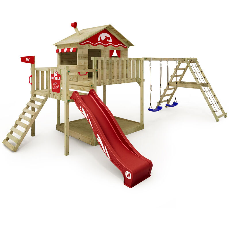 Aire de jeux Portique bois Smart Ocean avec balançoire et toboggan rouge Maison enfant sur pilotis avec bac à sable, échelle d'escalade & accessoires