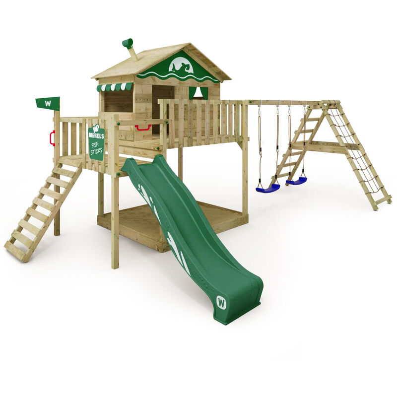 Aire de jeux Portique bois Smart Ocean avec balançoire et toboggan vert Maison enfant sur pilotis avec bac à sable, échelle d'escalade & accessoires