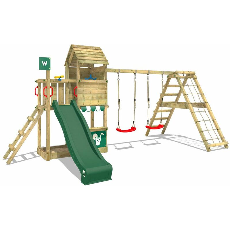 Aire de jeux Portique bois Smart Port avec balançoire et toboggan vert Maison enfant exterieur avec bac à sable, échelle d'escalade & accessoires de