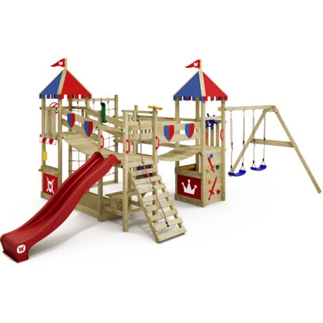 Wickey Aire de jeux Portique bois Smart Queen avec balançoire et toboggan Maison enfant exterieur avec bac à sable, échelle d'escalade & accessoires de jeux - rouge