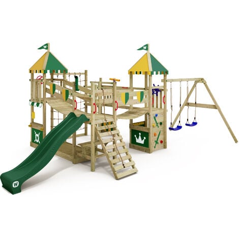 Wickey Aire de jeux Portique bois Smart Queen avec balançoire et toboggan Maison enfant exterieur avec bac à sable, échelle d'escalade & accessoires de jeux - vert