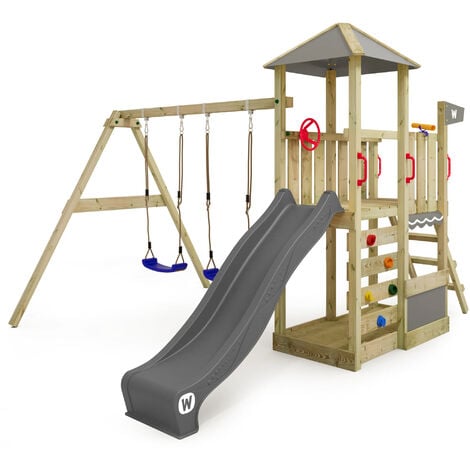 WICKEY Aire de jeux Portique bois Smart Savana avec balançoire et toboggan Maison enfant exterieur avec bac à sable, échelle d'escalade & accessoires de jeux