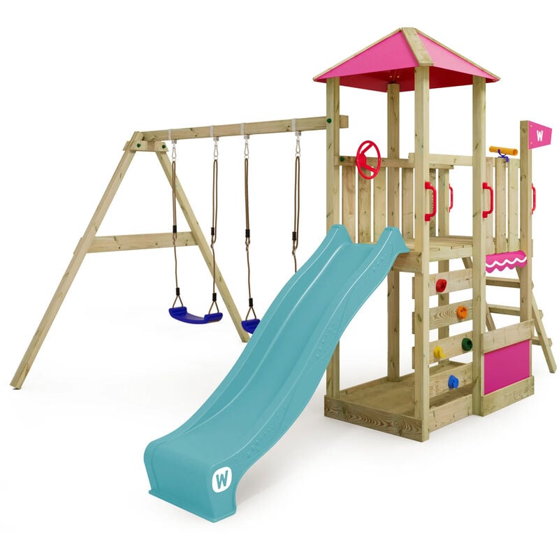 Aire de jeux Portique bois Smart Savana avec balançoire et toboggan Maison enfant exterieur avec bac à sable, échelle d'escalade & accessoires de