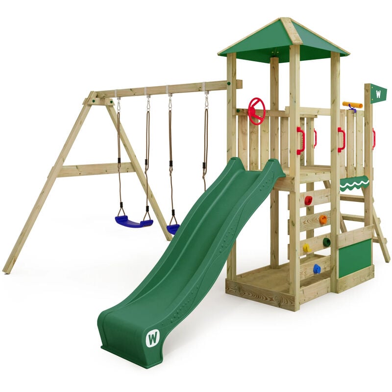 Aire de jeux Portique bois Smart Savana avec balançoire et toboggan Maison enfant exterieur avec bac à sable, échelle d'escalade & accessoires de