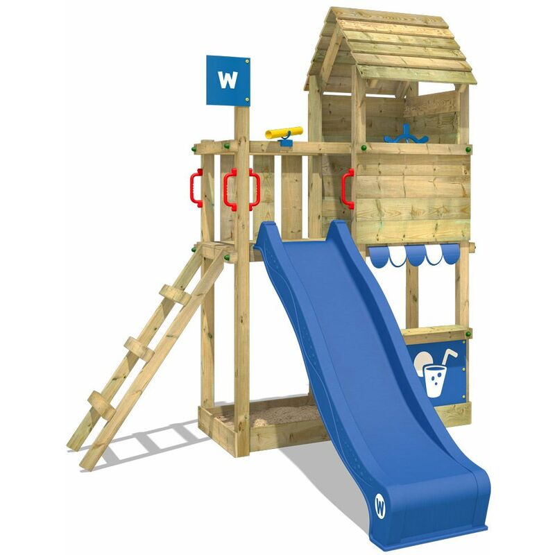 Aire de jeux Portique bois Smart Sparrow avec toboggan bleu Maison enfant exterieur avec bac à sable, échelle d'escalade & accessoires de jeux