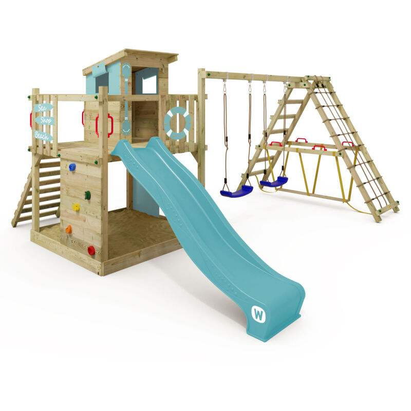 Aire de jeux Portique bois Smart Surf avec balançoire et toboggan Cabane enfant exterieur avec bac à sable, échelle d'escalade & accessoires de jeux Aire de jeux Portique bois Smart Surf avec balançoire et toboggan Cabane enfant exterieur avec bac à sable, échelle d'escalade & accessoires de jeux