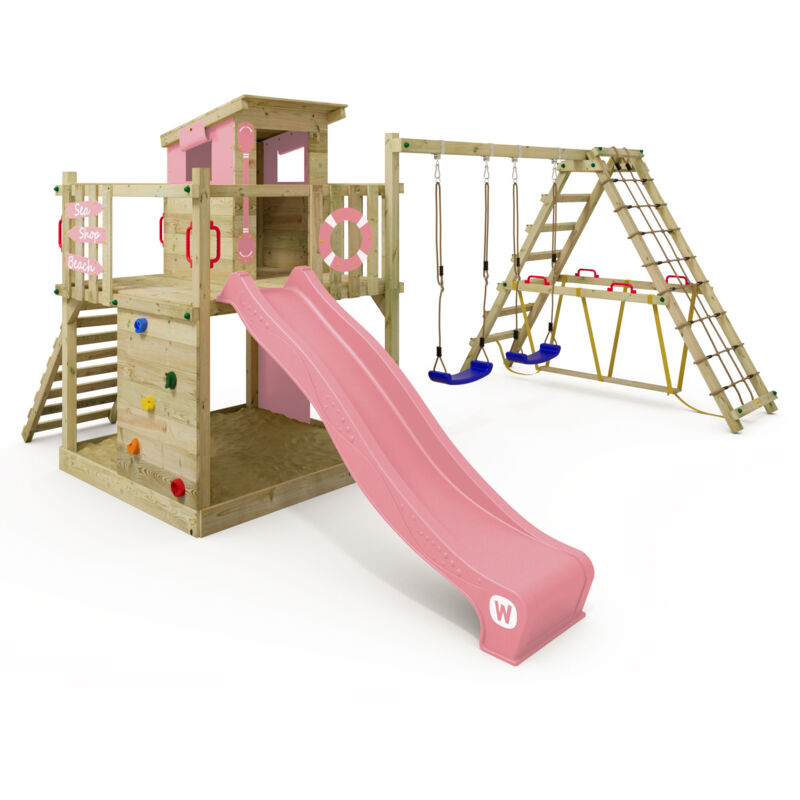 Wickey tour de jeux en bois Smart Surf avec balançoire et toboggan, tour d'escalade avec bac à sable, échelle et accessoires de jeu – rose pastel Wickey tour de jeux en bois Smart Surf avec balançoire et toboggan, tour d'escalade avec bac à sable, échelle et accessoires de jeu – rose pastel