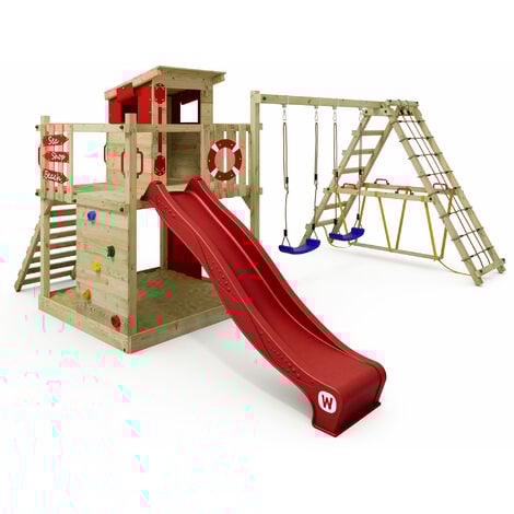 WICKEY Aire de jeux Portique bois Smart Surf avec balançoire et toboggan Cabane enfant exterieur avec bac à sable, échelle d'escalade & accessoires de jeux