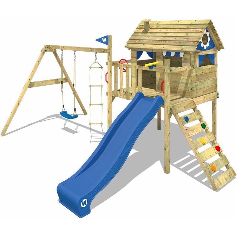 Aire de jeux Portique bois Smart Travel avec balançoire et toboggan bleu Maison enfant sur pilotis avec échelle d'escalade & accessoires de jeux