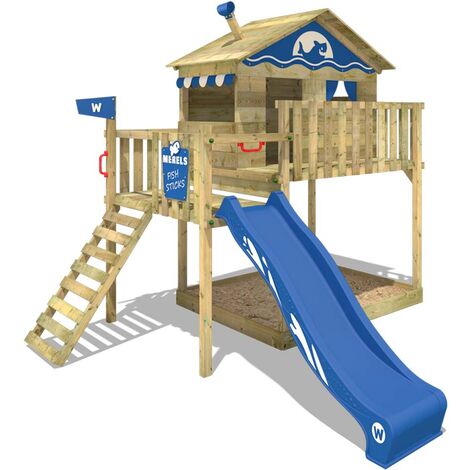 WICKEY Aire de jeux Portique bois Smart Wave avec toboggan bleu Maison enfant exterieur avec bac à sable, échelle d'escalade & accessoires de jeux