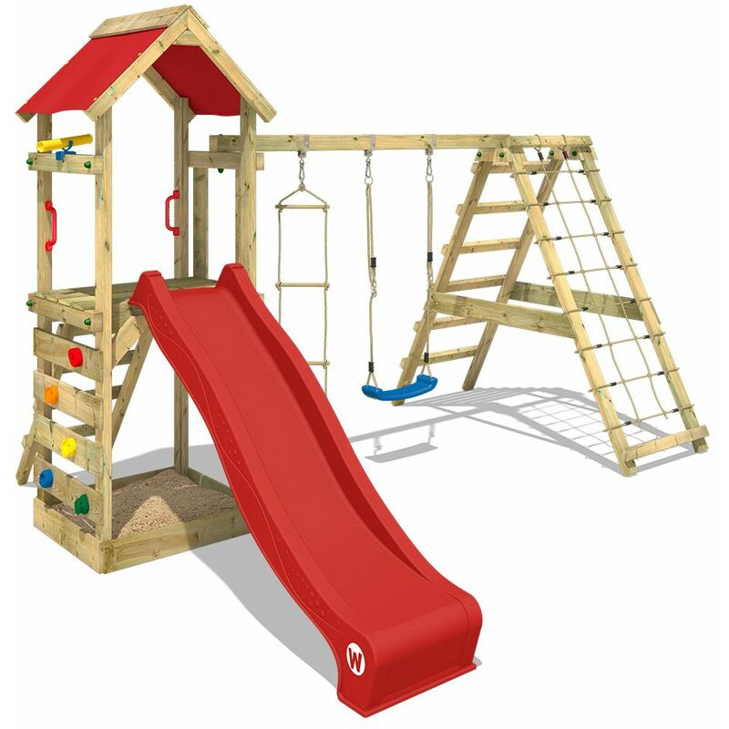 Wickey Aire De Jeux Portique Bois Starflyer Avec Balancoire Et Toboggan Rouge Maison Enfant Exterieur Avec Bac A Sable Echelle D Escalade Accessoires De Jeux